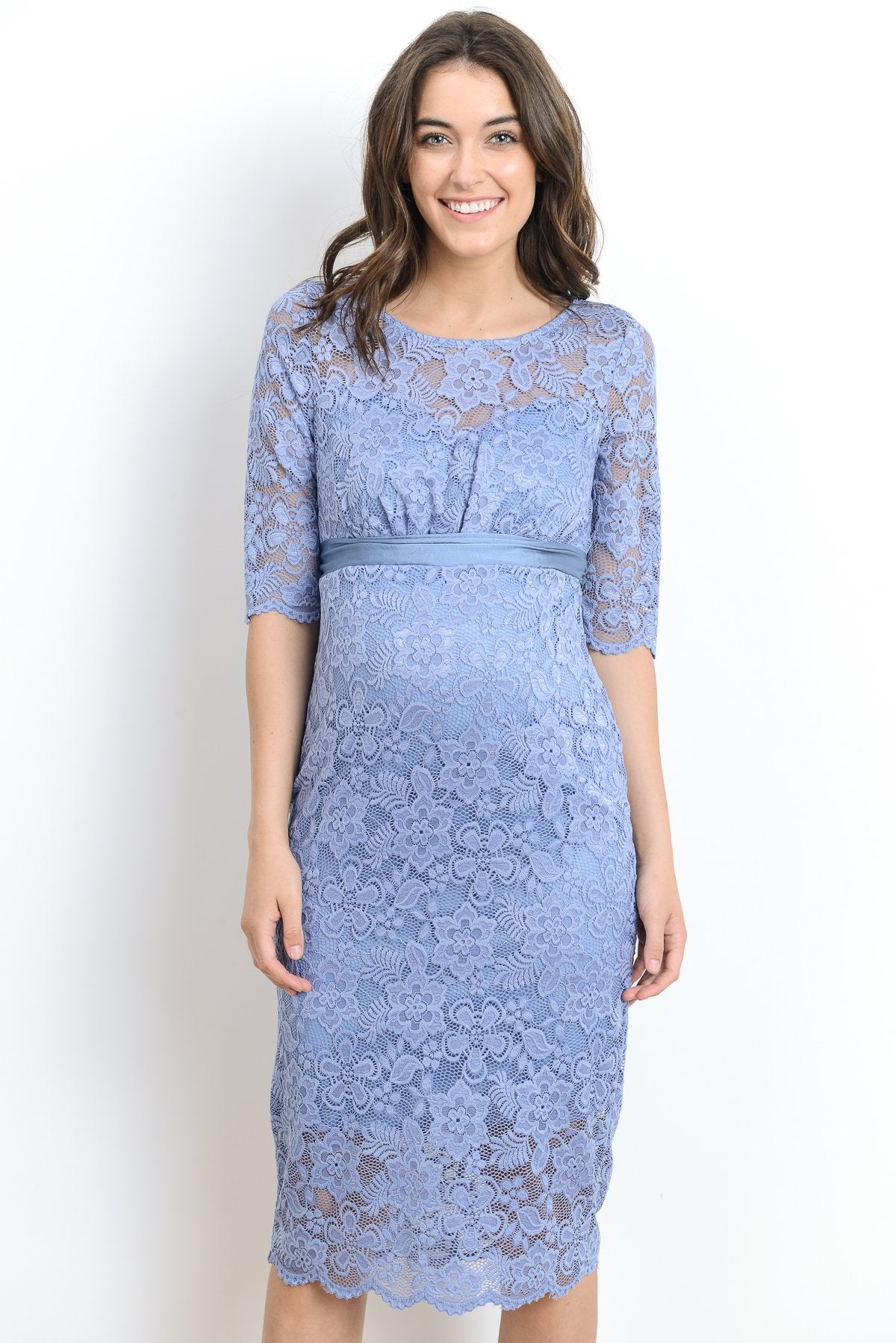 Denim Lace with Ribbon Tie Maternity Dress
