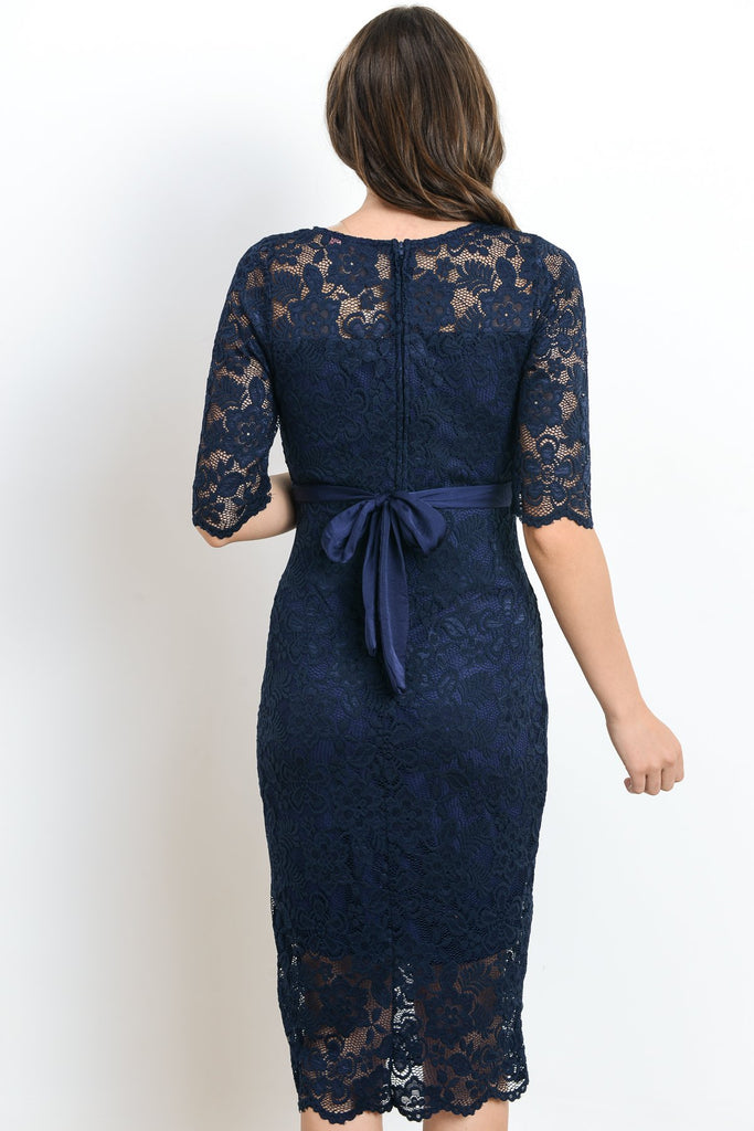 Navy Lace with Ribbon Tie Maternity Dress