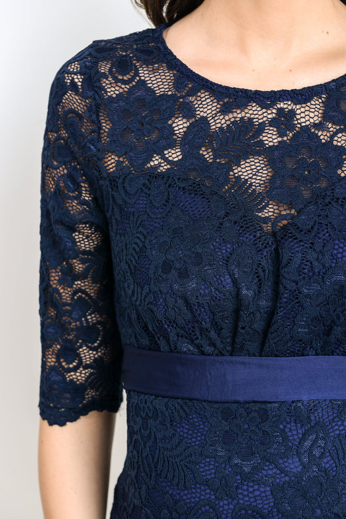 Navy Lace with Ribbon Tie Maternity Dress