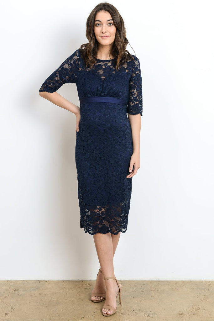 Navy Lace with Ribbon Tie Maternity Dress