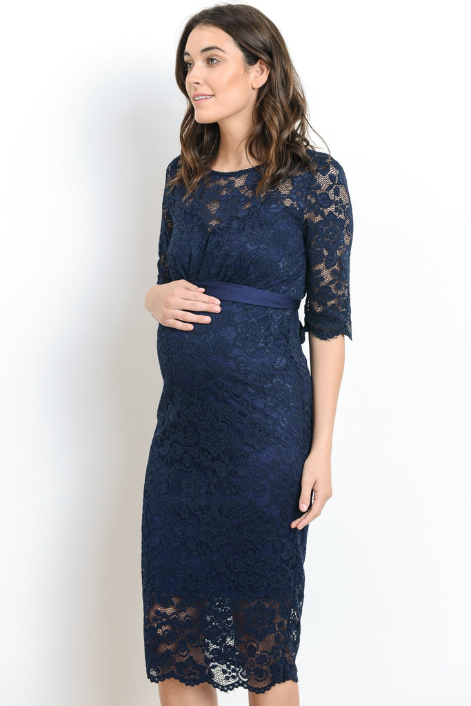 Navy Lace with Ribbon Tie Maternity Dress