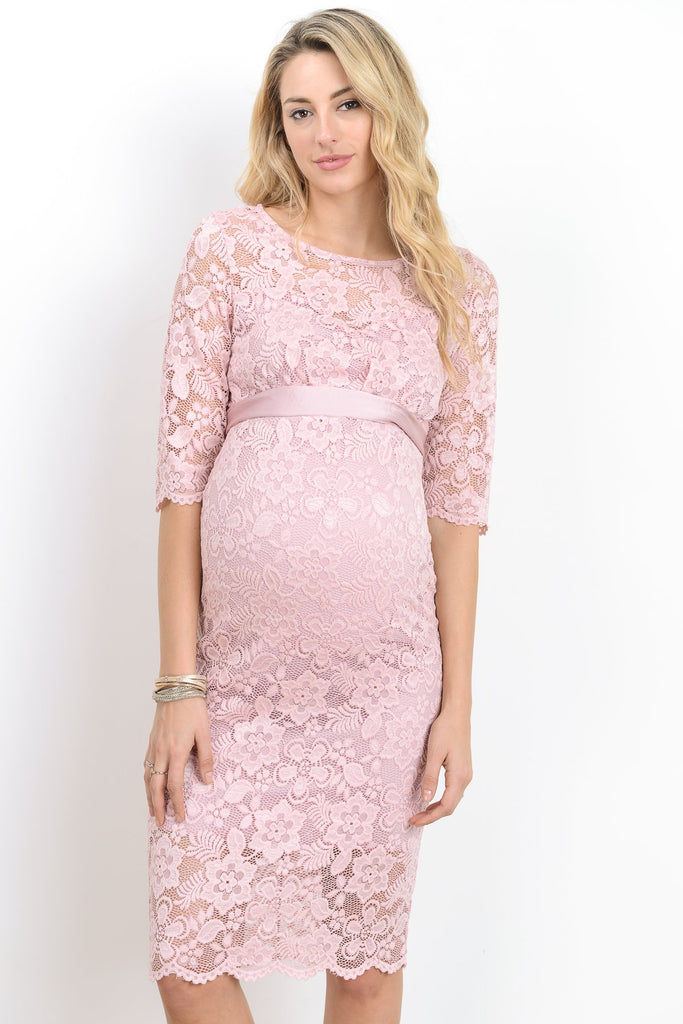 Pink Lace with Ribbon Tie Maternity Dress