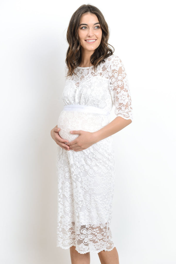 White Lace with Ribbon Tie Maternity Dress
