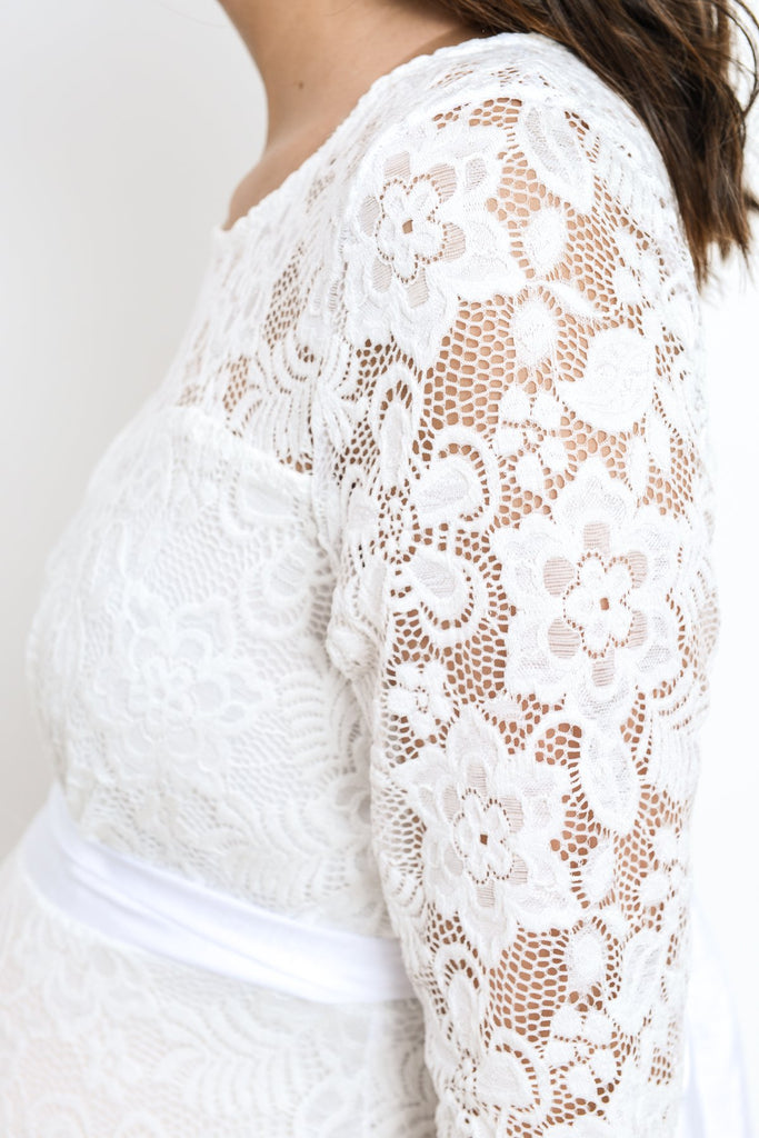 White Lace with Ribbon Tie Maternity Dress