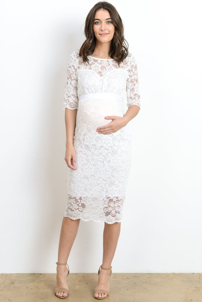 White Lace with Ribbon Tie Maternity Dress