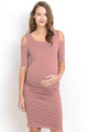 Mauve Solid Cold Shoulder Bodycon Maternity Dress