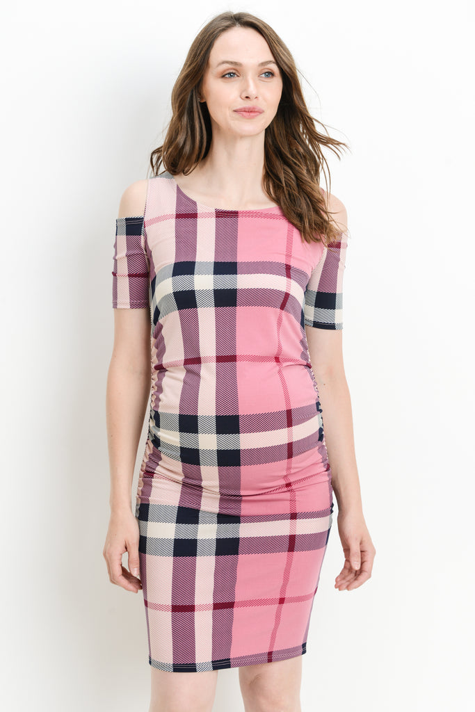 Purple Plaid Cold Shoulder Maternity Dress