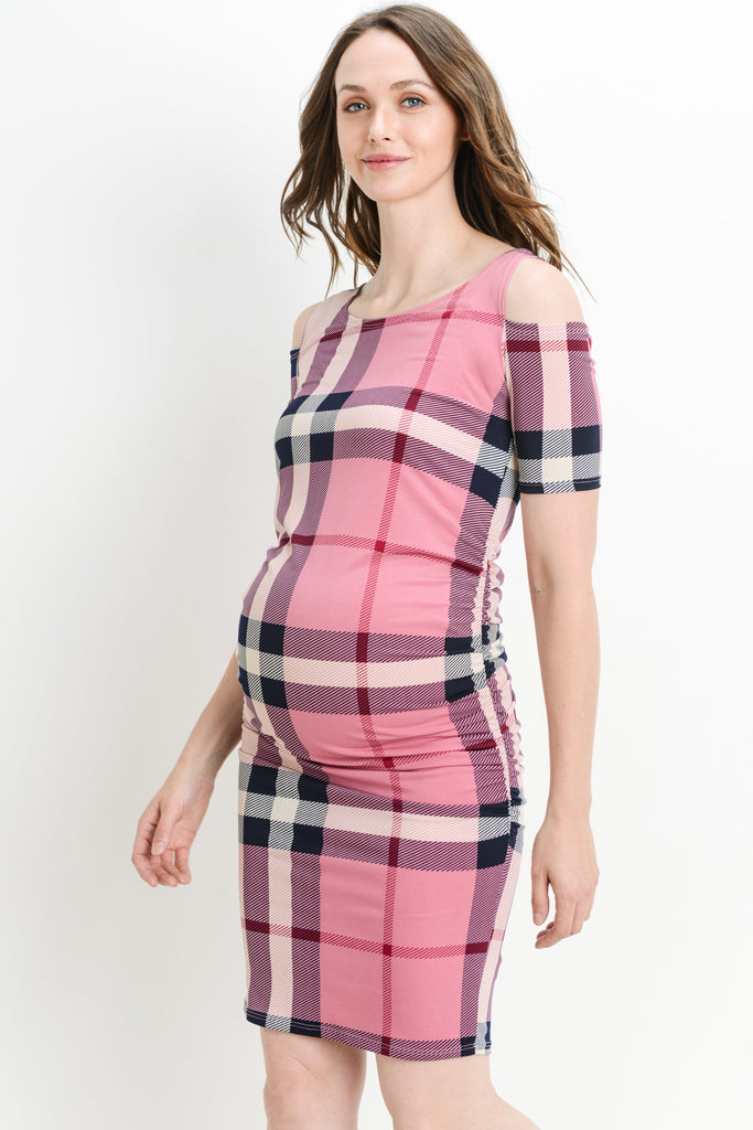 Purple Plaid Cold Shoulder Maternity Dress