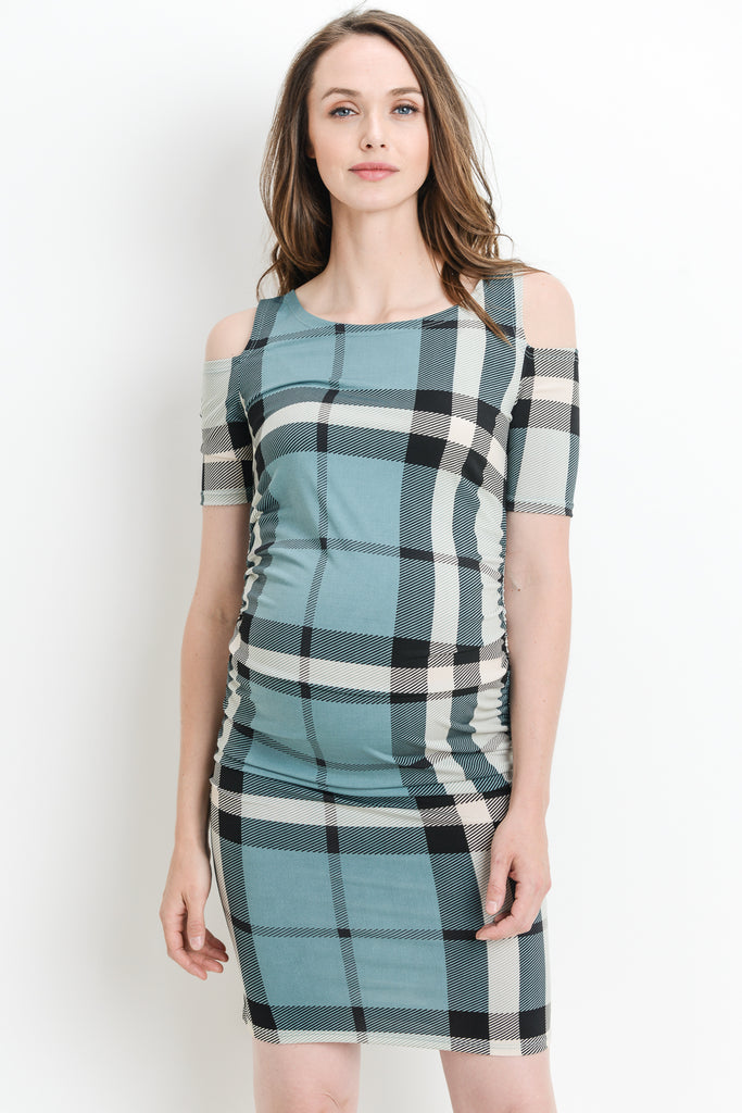 Teal Plaid Cold Shoulder Maternity Dress