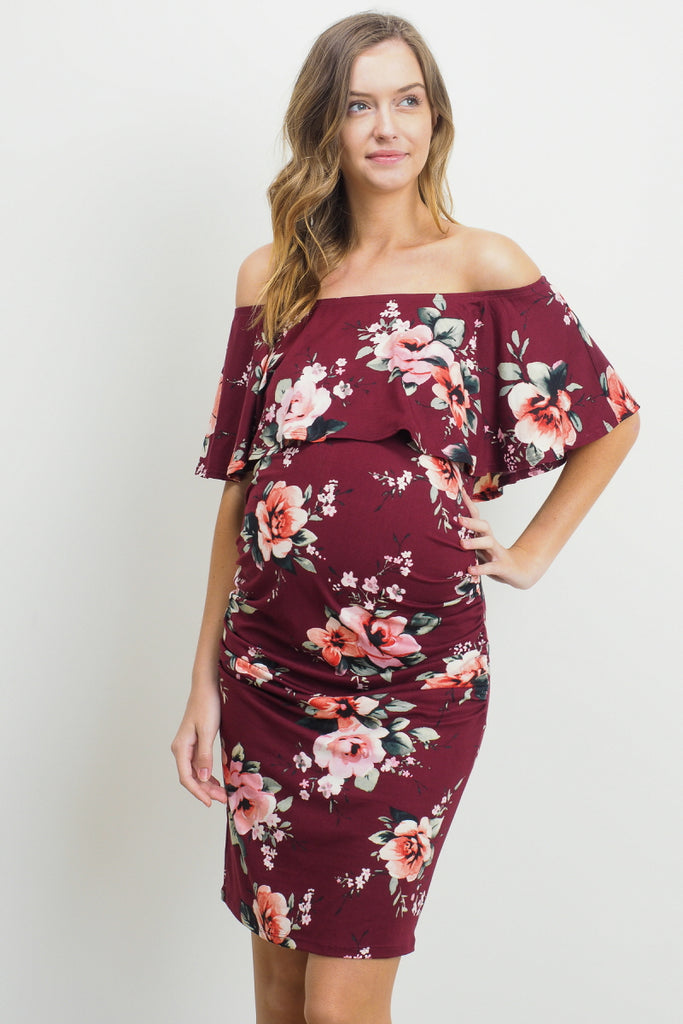 Burgundy Off Shoulder Ruffle Maternity Dress