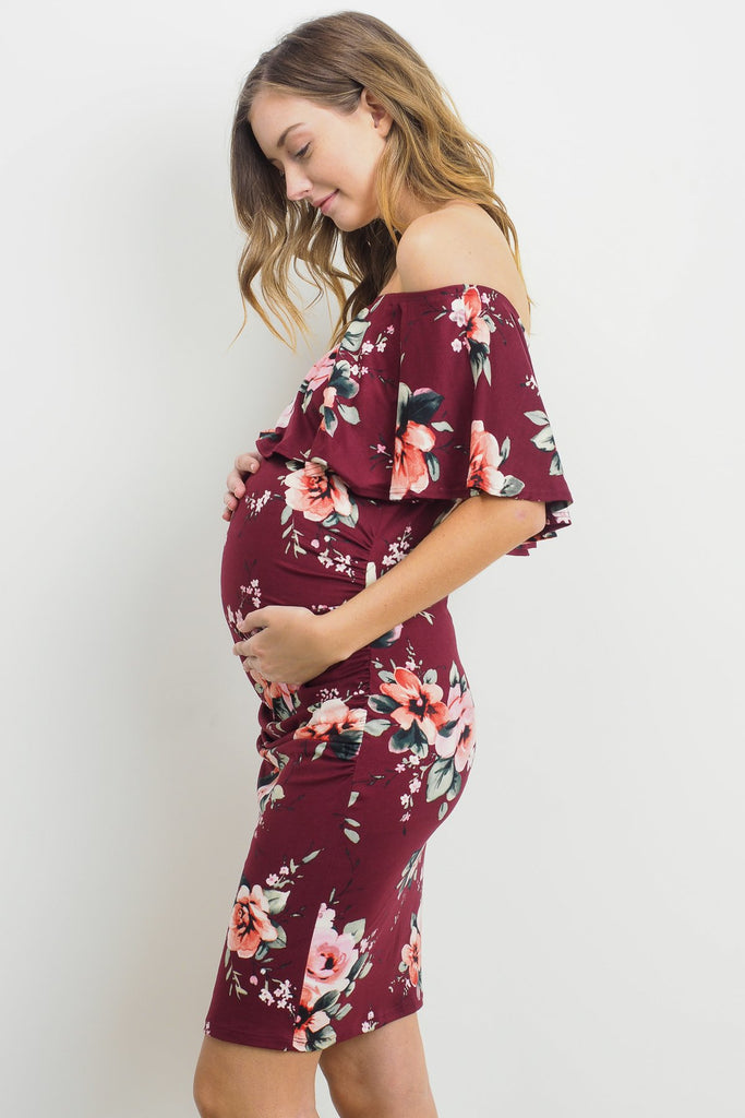 Burgundy Off Shoulder Ruffle Maternity Dress