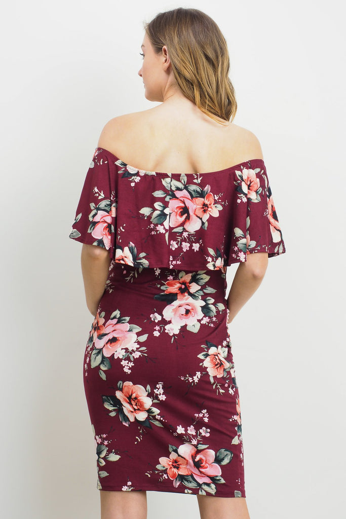 Burgundy Off Shoulder Ruffle Maternity Dress