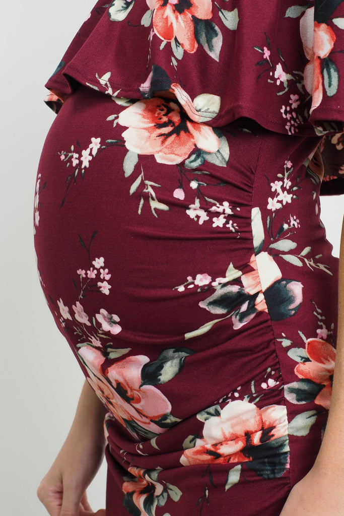 Burgundy Off Shoulder Ruffle Maternity Dress