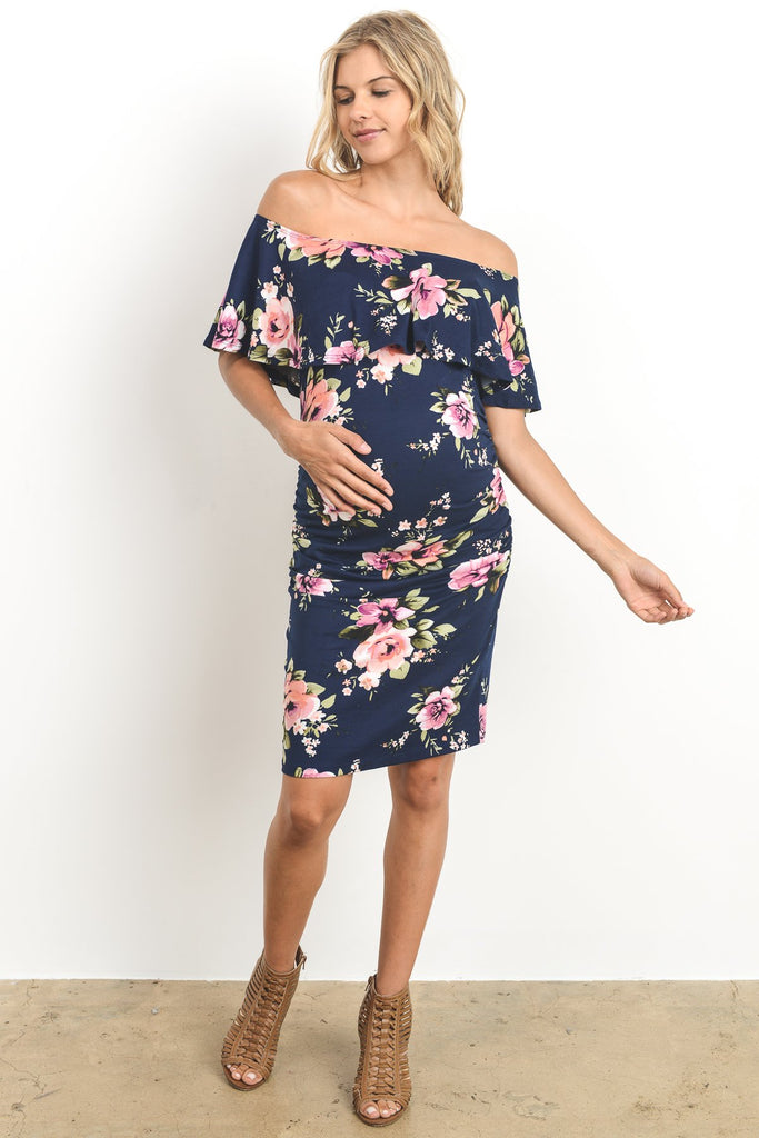 Navy Off Shoulder Ruffle Maternity Dress