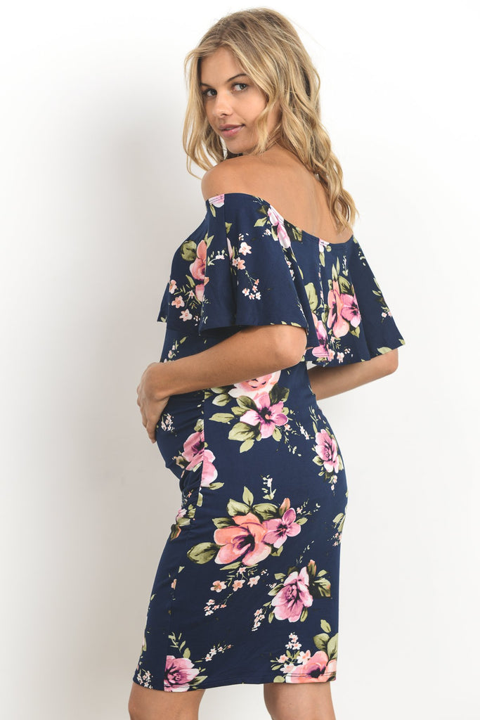 Navy Off Shoulder Ruffle Maternity Dress