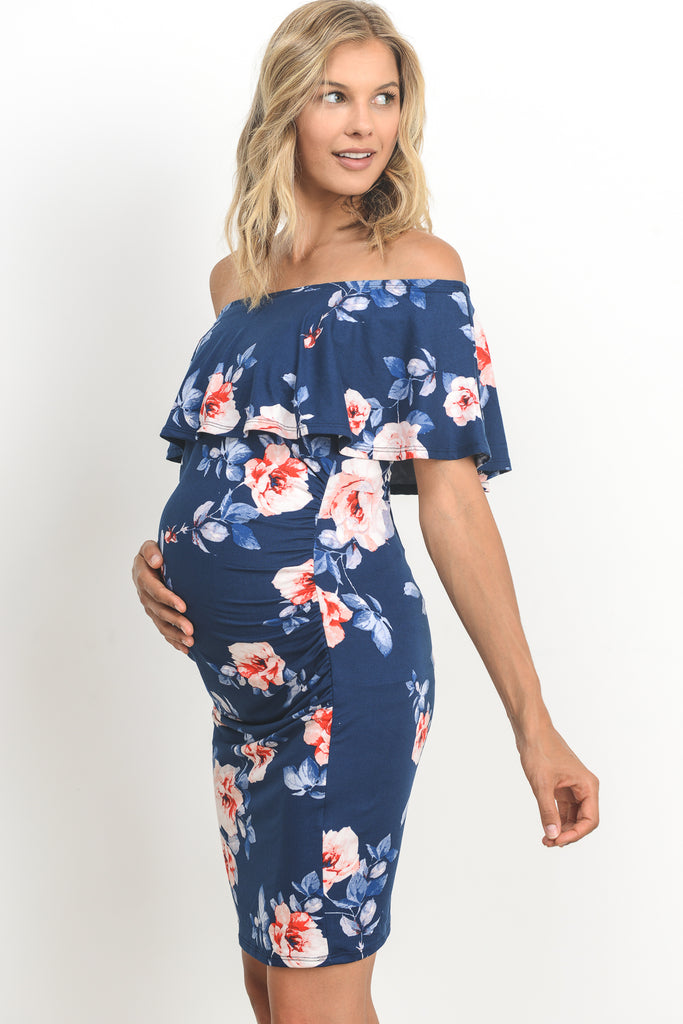 Navy Fitted Floral Off Shoulder Ruffle Maternity Dress