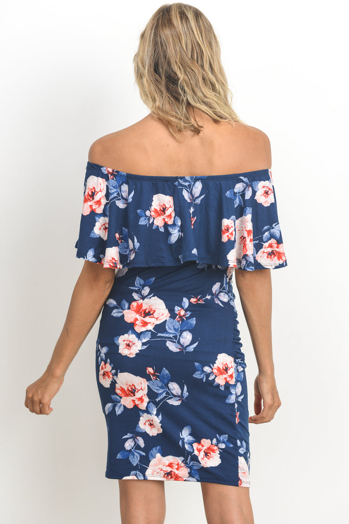 Navy Fitted Floral Off Shoulder Ruffle Maternity Dress