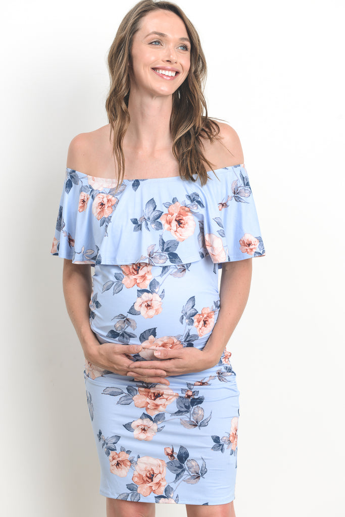 Sky Blue Fitted Floral Off Shoulder Ruffle Maternity Dress