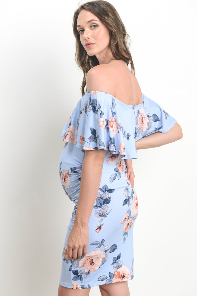 Sky Blue Fitted Floral Off Shoulder Ruffle Maternity Dress