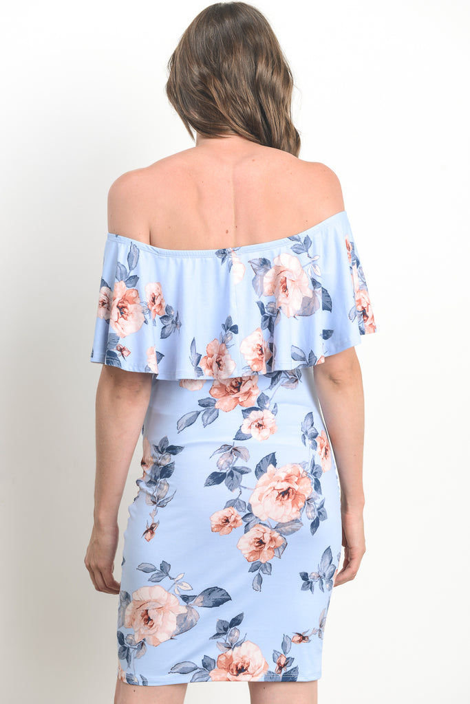 Sky Blue Fitted Floral Off Shoulder Ruffle Maternity Dress