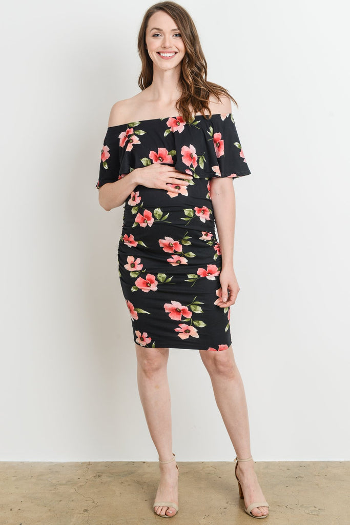 Black Off Shoulder Ruffle Maternity Dress
