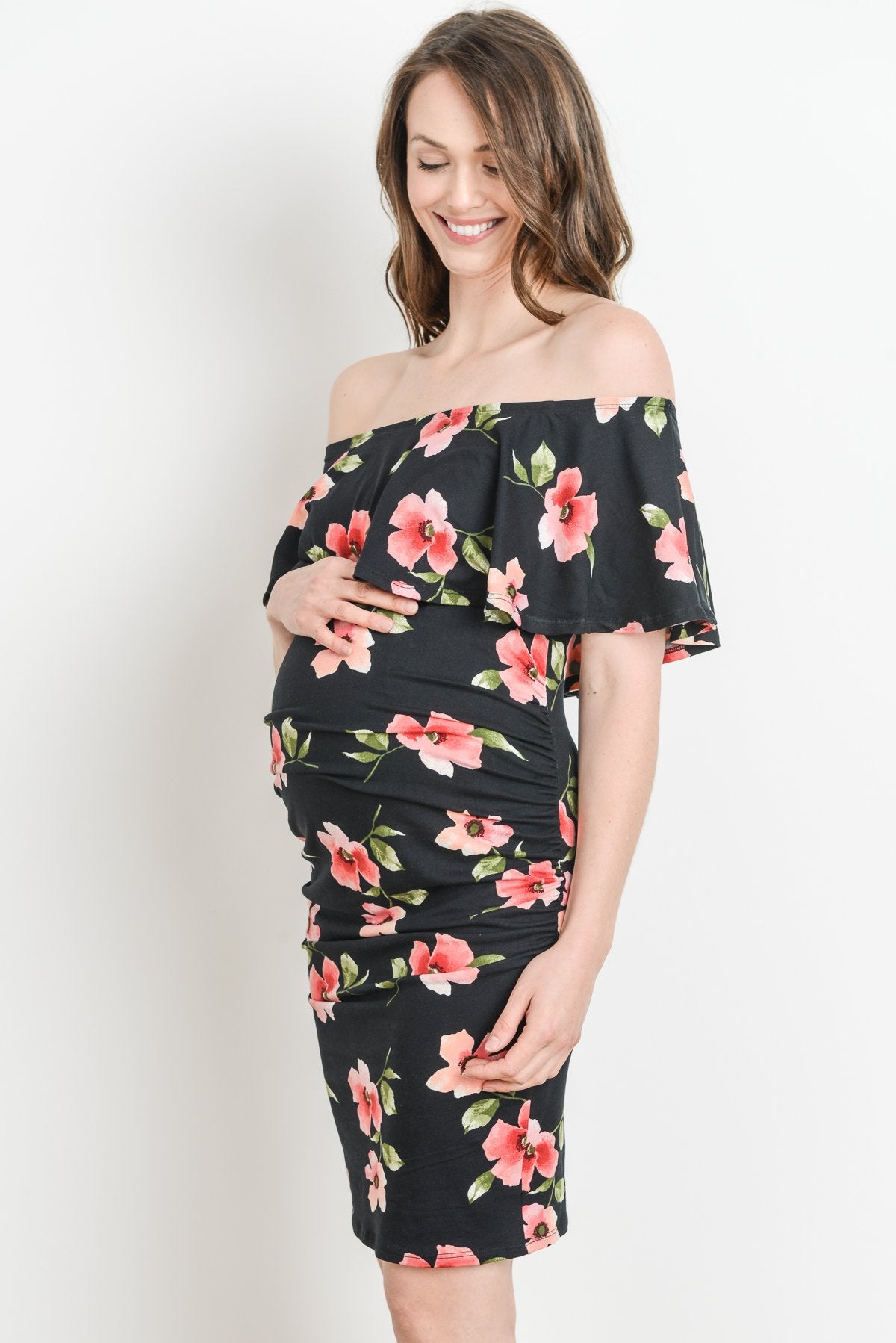 Black Off Shoulder Ruffle Maternity Dress