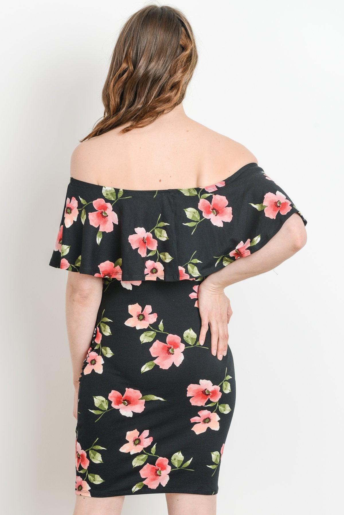 Black Off Shoulder Ruffle Maternity Dress