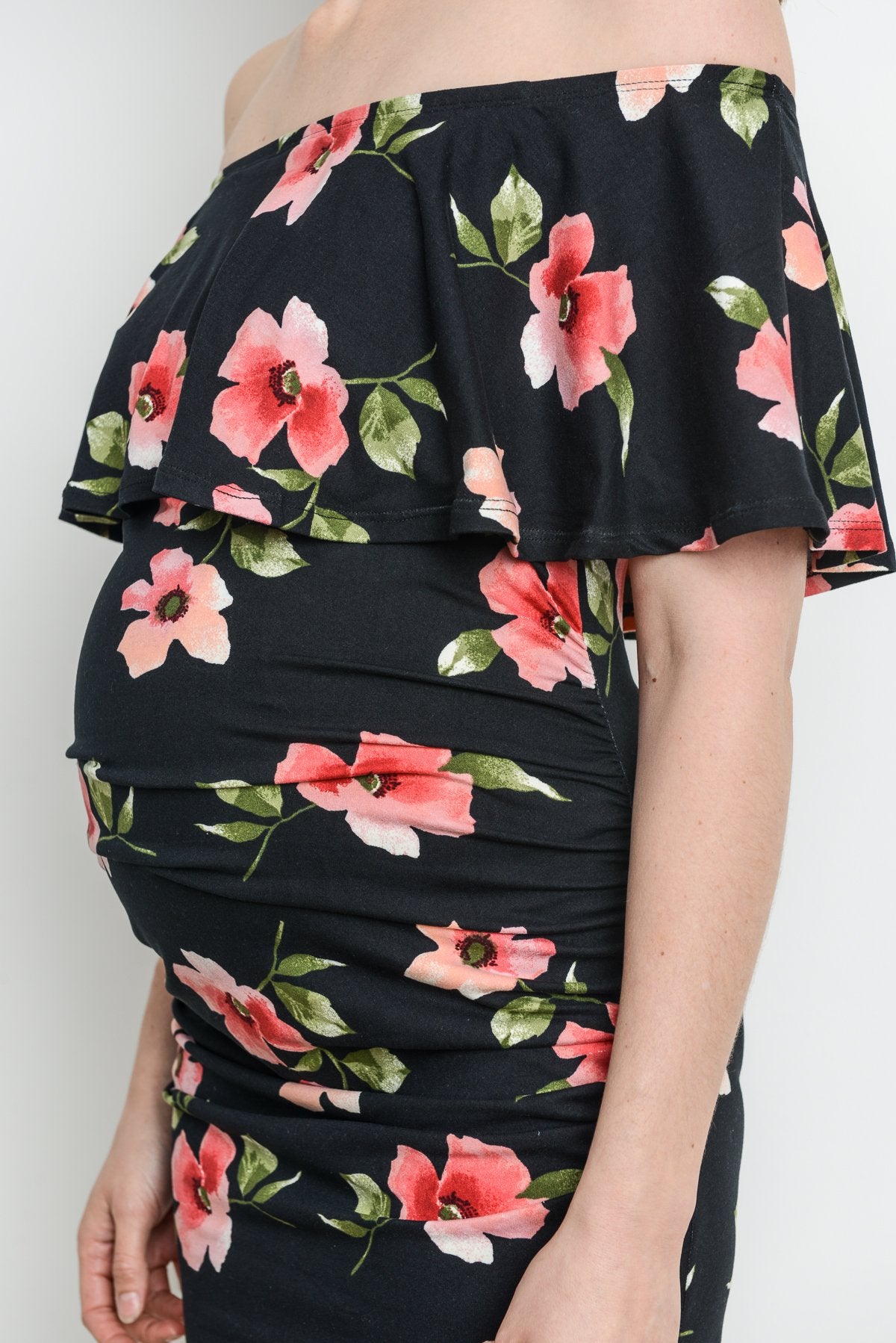 Black Off Shoulder Ruffle Maternity Dress