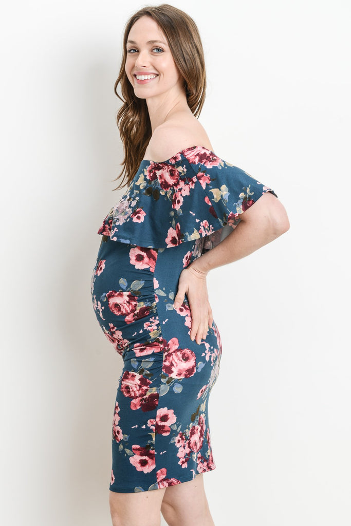 Teal Riley Off Shoulder Ruffle Maternity Dress