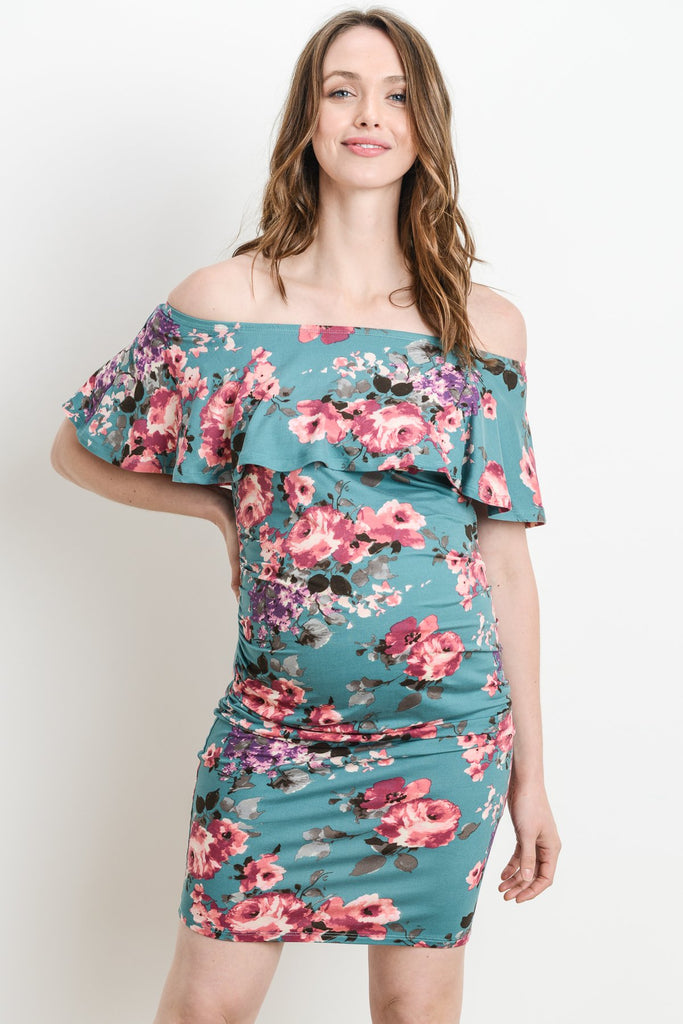 Mint Riley Off Shoulder Ruffle Maternity Dress