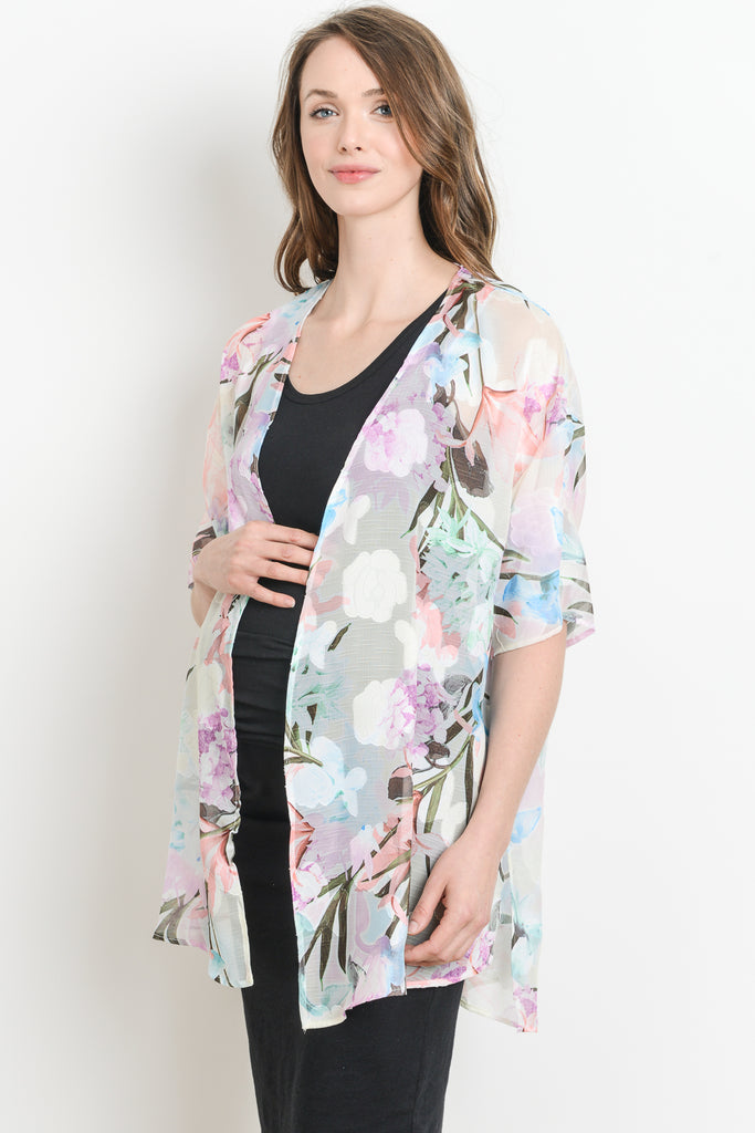 Off White Floral Kimono Maternity Cardigan