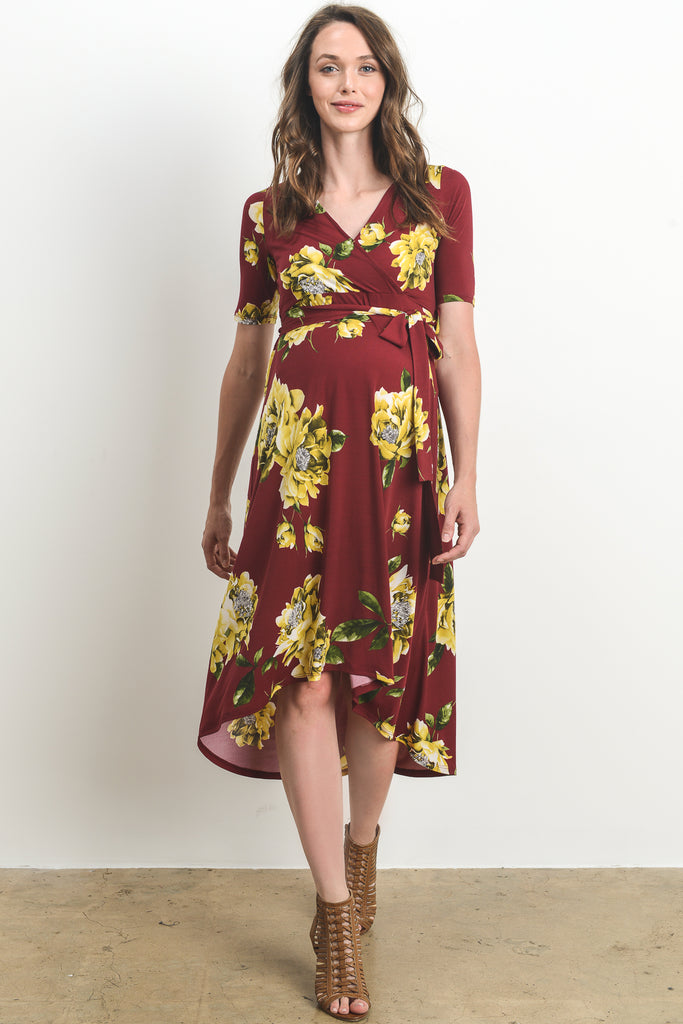 Burgundy Floral High Low Faux Wrap Maternity & Nursing Dress