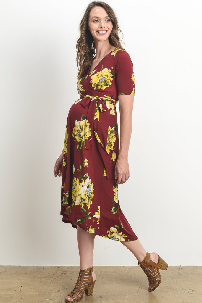 Burgundy Floral High Low Faux Wrap Maternity & Nursing Dress