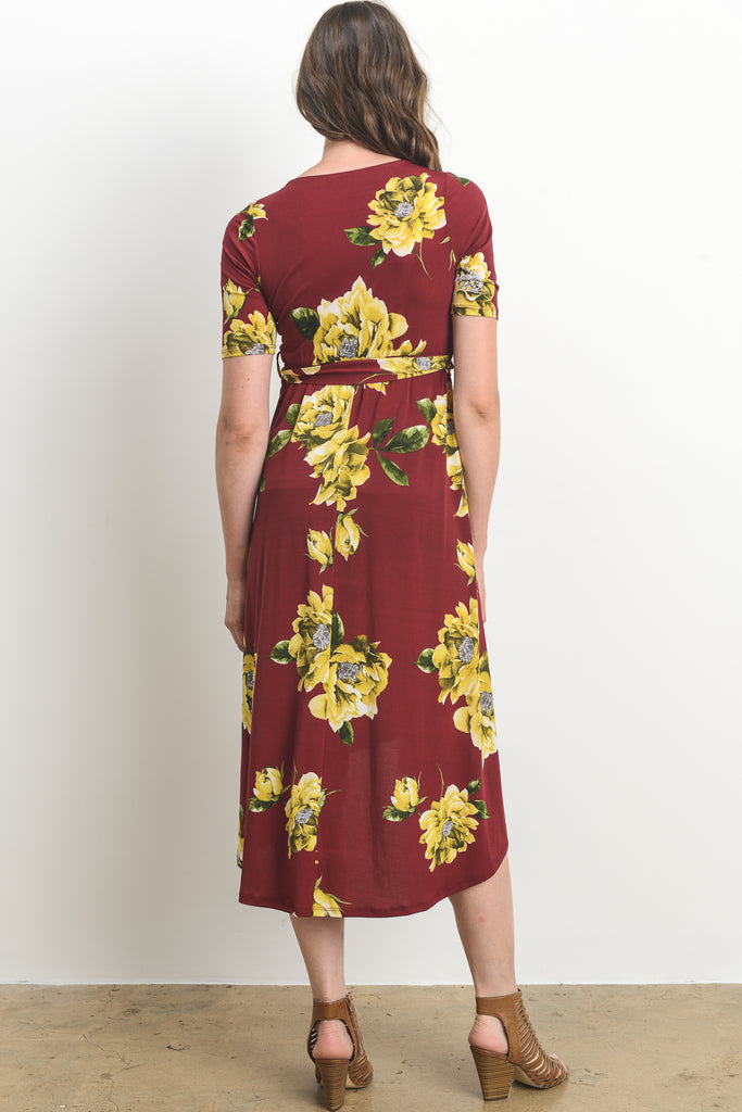 Burgundy Floral High Low Faux Wrap Maternity & Nursing Dress