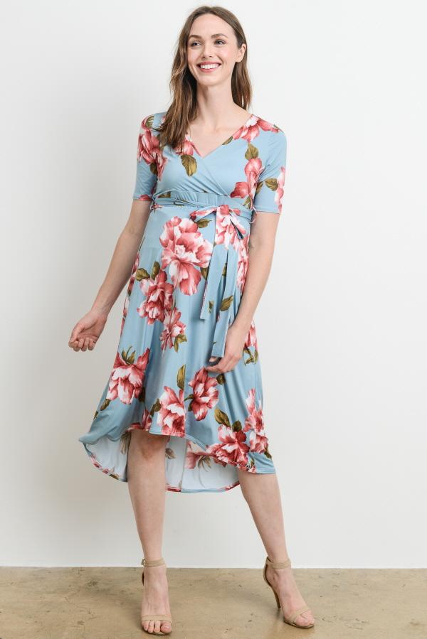 Sky Blue Floral High Low Maternity & Nursing Dress