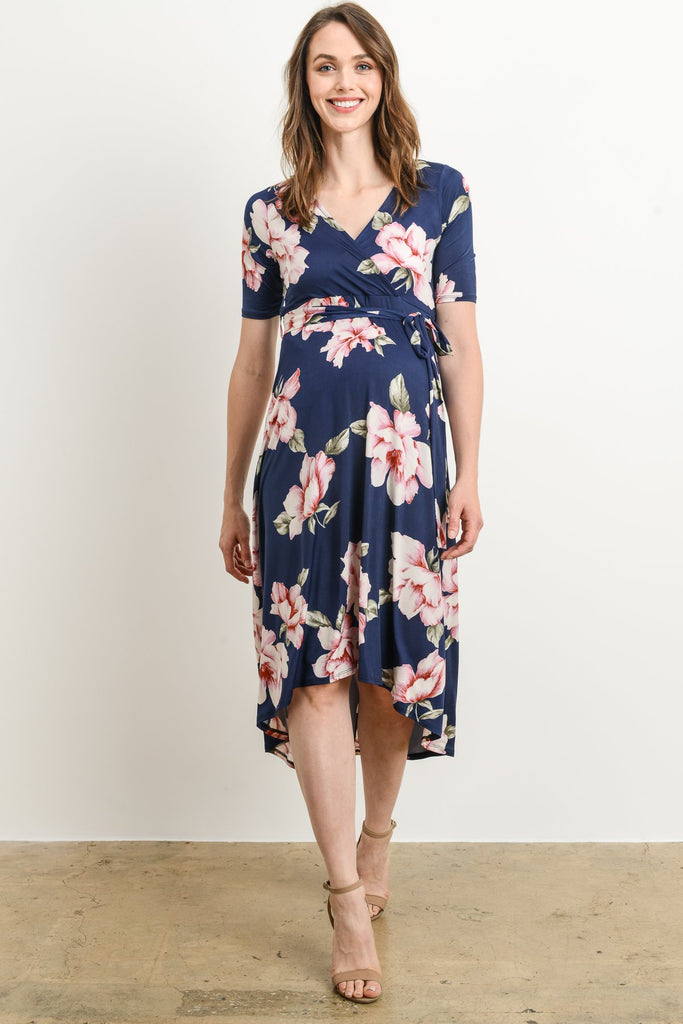 Navy Floral High Low Maternity & Nursing Dress