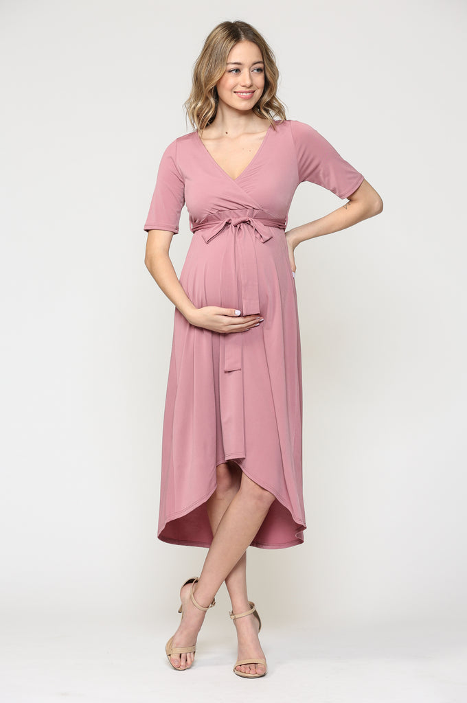 Mauve Solid Tie Waist High-Low Maternity/Nursing Dress
