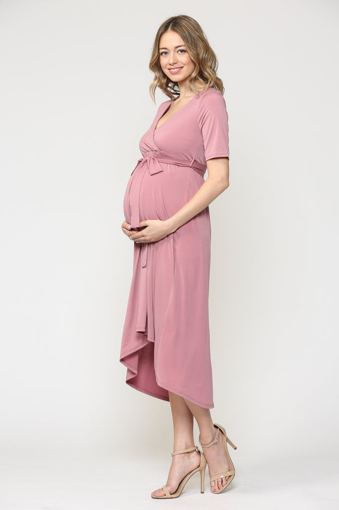 Mauve Solid Tie Waist High-Low Maternity/Nursing Dress