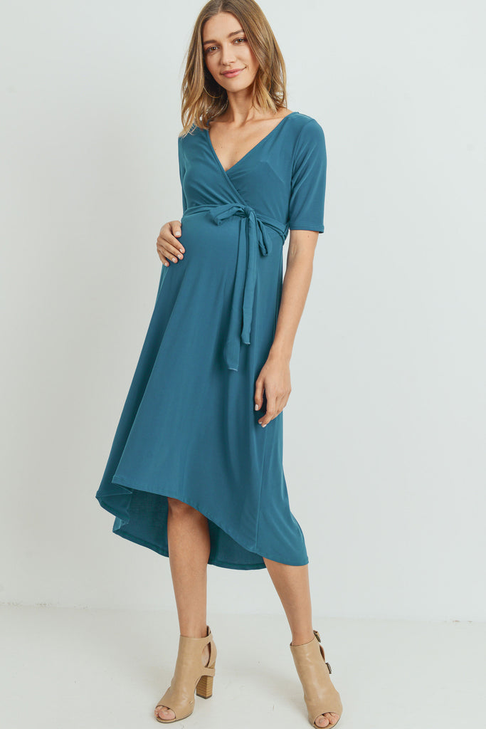 Teal Solid Tie Waist High-Low Maternity/Nursing Dress