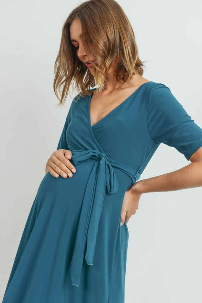 Teal Solid Tie Waist High-Low Maternity/Nursing Dress