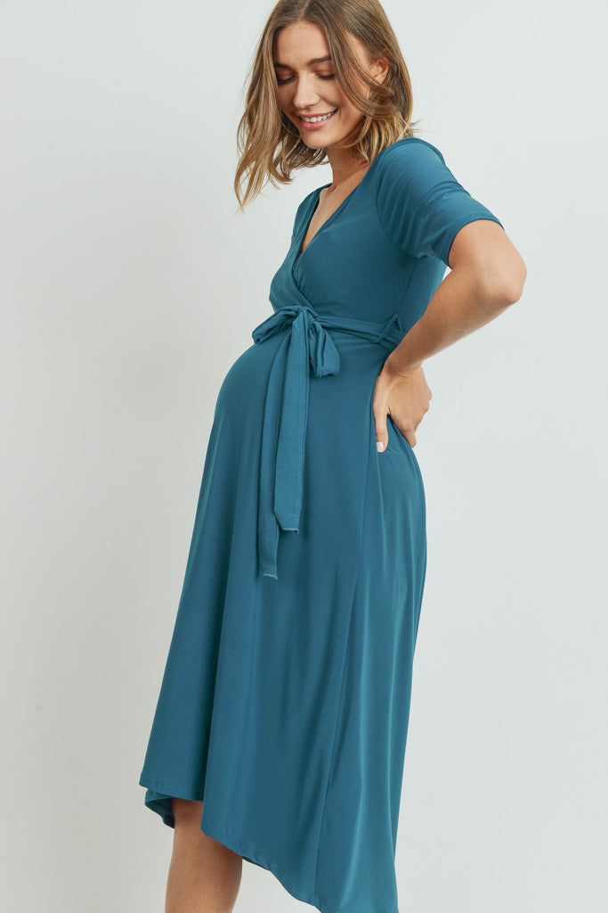 Teal Solid Tie Waist High-Low Maternity/Nursing Dress