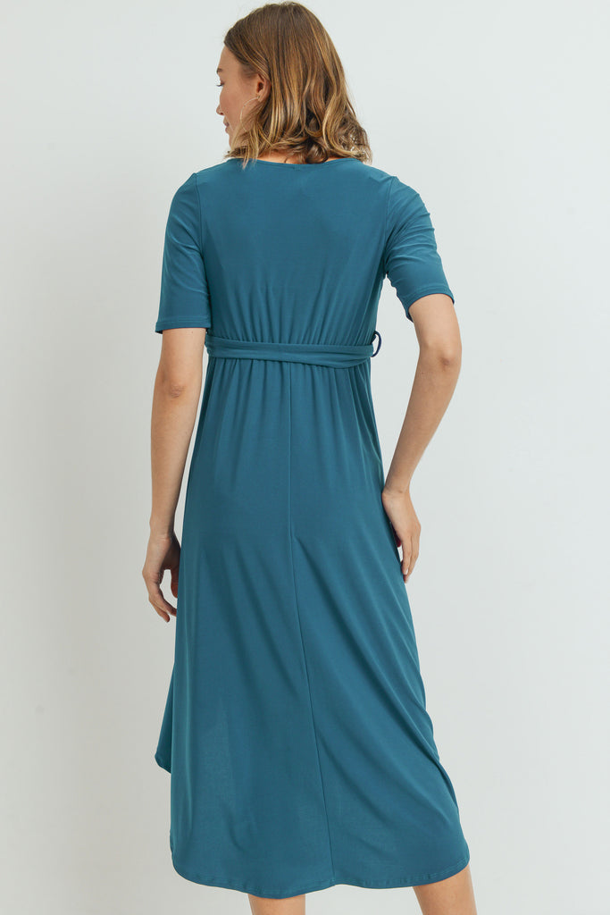 Teal Solid Tie Waist High-Low Maternity/Nursing Dress