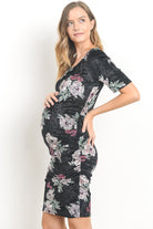 Black Floral Velvet Maternity Scoop Neck Dress