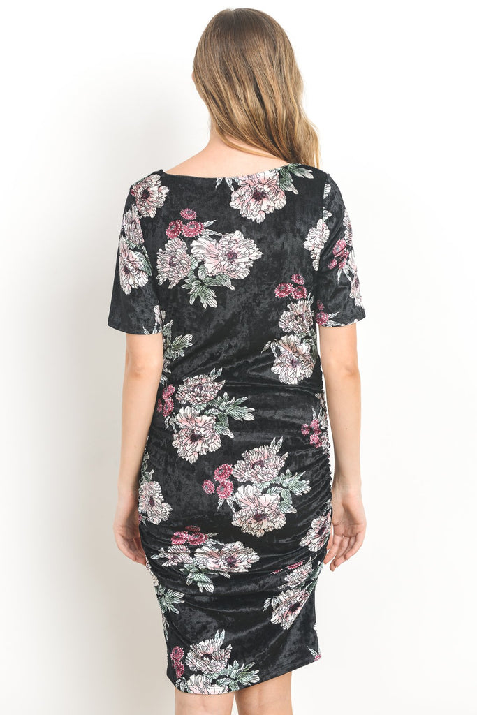 Black Floral Velvet Maternity Scoop Neck Dress