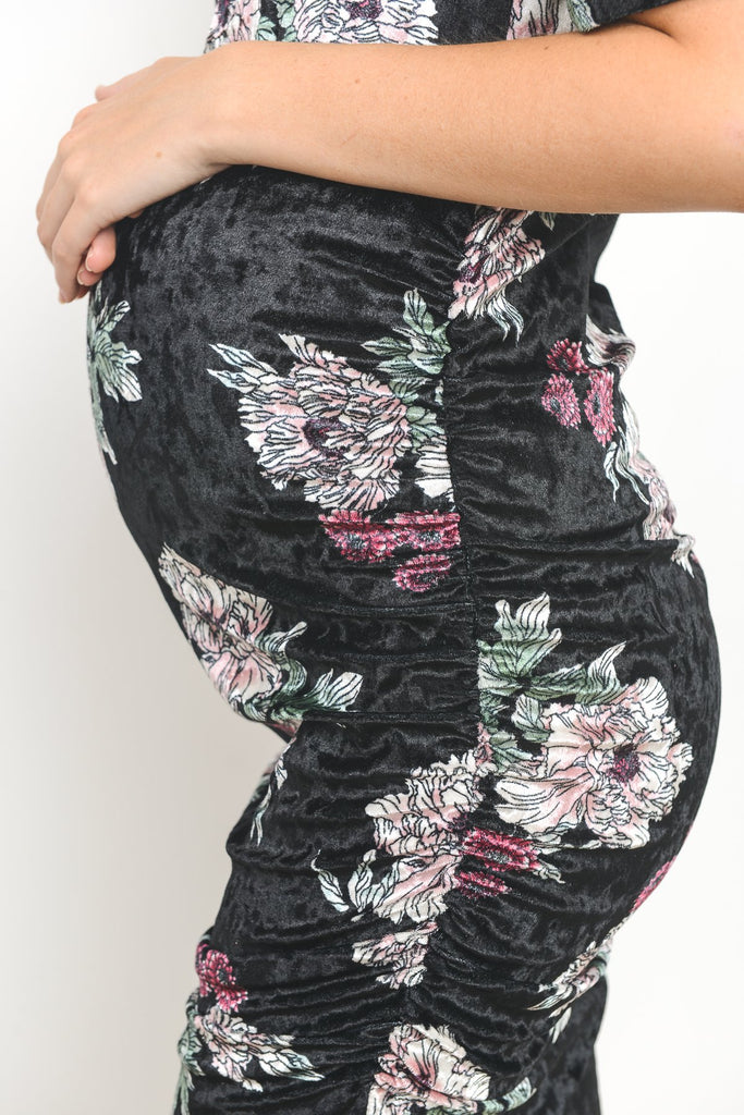 Black Floral Velvet Maternity Scoop Neck Dress