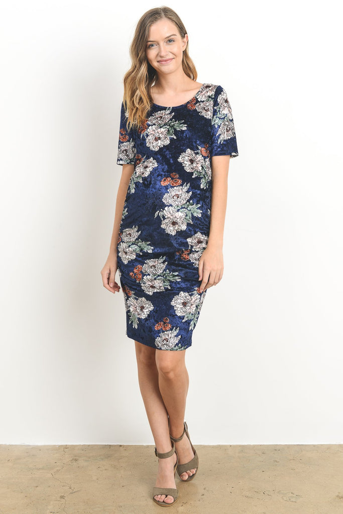 Navy Floral Velvet Maternity Scoop Neck Dress
