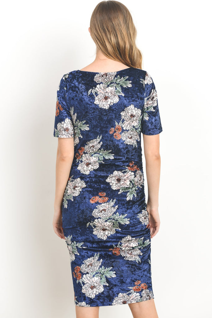 Navy Floral Velvet Maternity Scoop Neck Dress