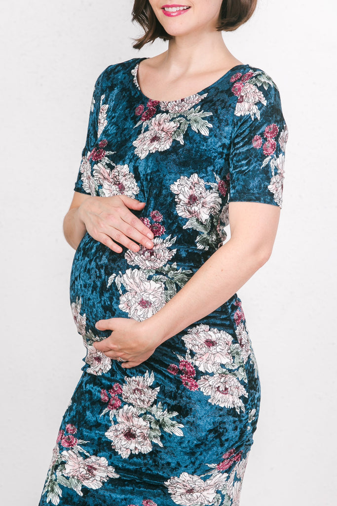 Teal Floral Velvet Maternity Scoop Neck Dress