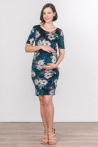 Teal Floral Velvet Maternity Scoop Neck Dress