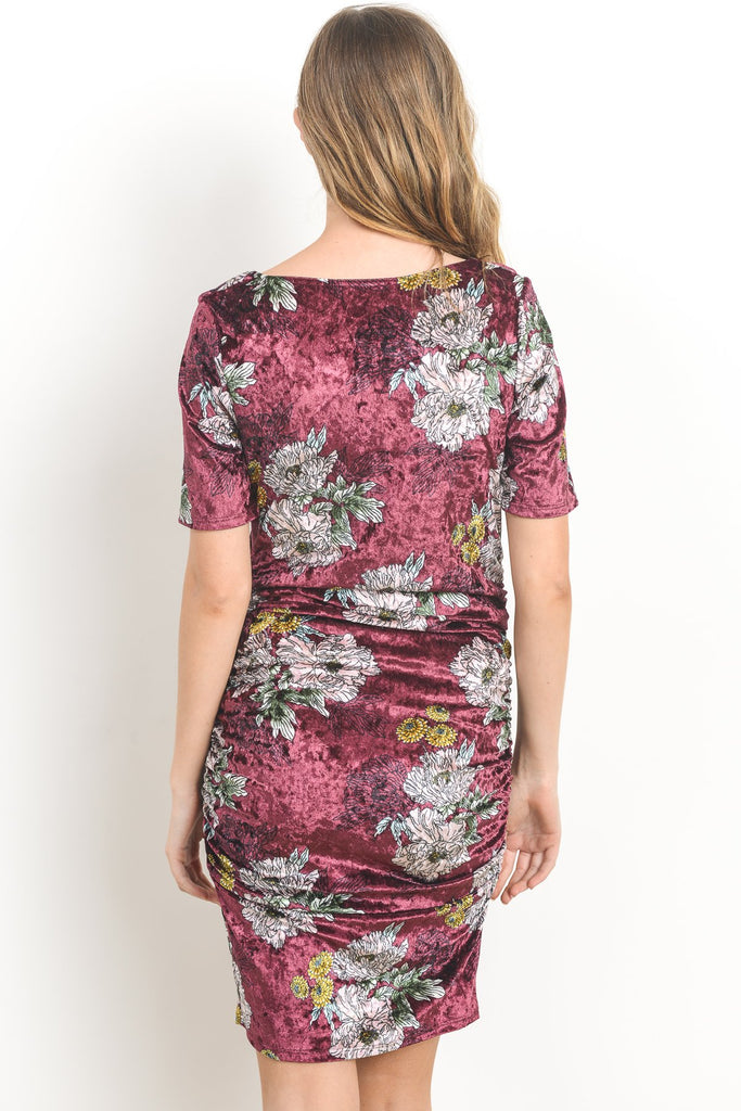 Burgundy Floral Velvet Maternity Scoop Neck Dress